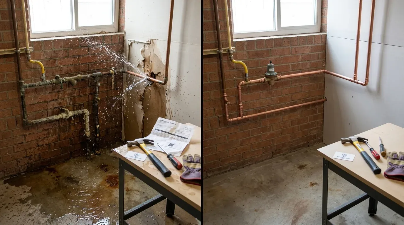 Before and after: a burst pipe spraying water in a brick utility room, replaced with new copper piping and a shut-off valve