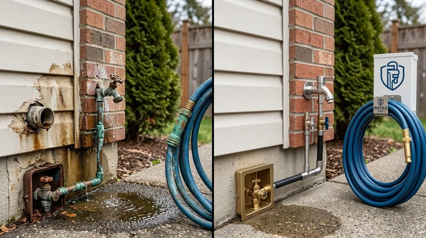 Before and after: a corroded outdoor hose bib and wet wall replaced with a new brass hose connection