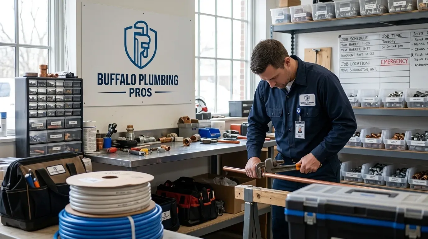 Buffalo Plumbing PROS technician working at a parts bench next to a Buffalo Plumbing PROS sign